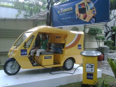 Charging station mock-up with an e-trike inside ADB headquarters
