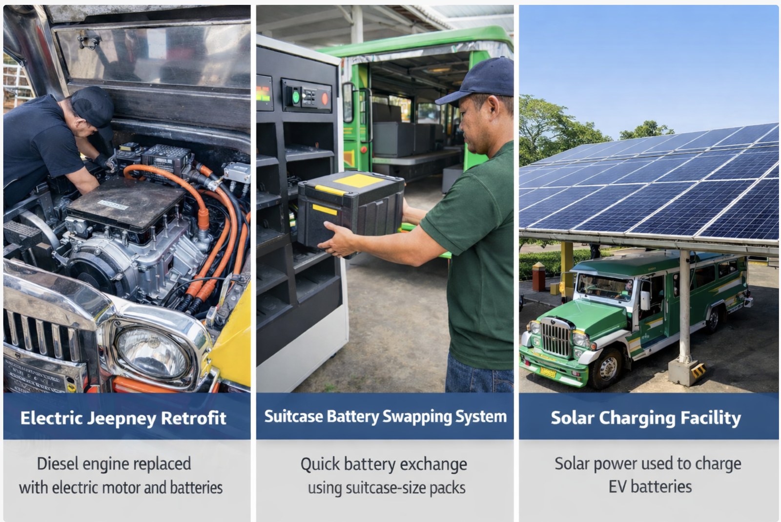 The three project components: electric jeepney retrofit, suitcase battery swapping system, and solar charging facility